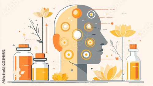 Foto Creative illustration of human head with colorful circular patterns and botanica
