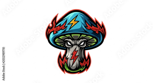 Foto Mushroom character with angry face and lightning bolts.