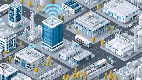 Schilderij op canvas Futuristic cityscape featuring smart buildings, connectivity hubs, and urban inf