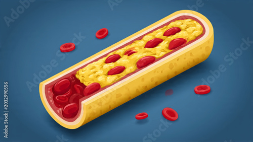 Foto 3D Illustration of a Cholesterol Pill Capsule with Red Blood Cells on Blue Backg