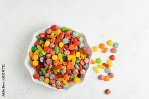 High angle view assorted candies in a bowl