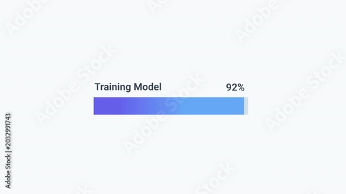 Animated AI model training progress bar with percentage display and gradient loading indicator. Clean flat motion graphic for machine learning workflows, artificial intelligence development, data proc