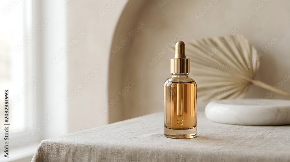 Naklejka premium Elegant Skincare Serum Bottle with Dropper on a Table with Decorative Background.