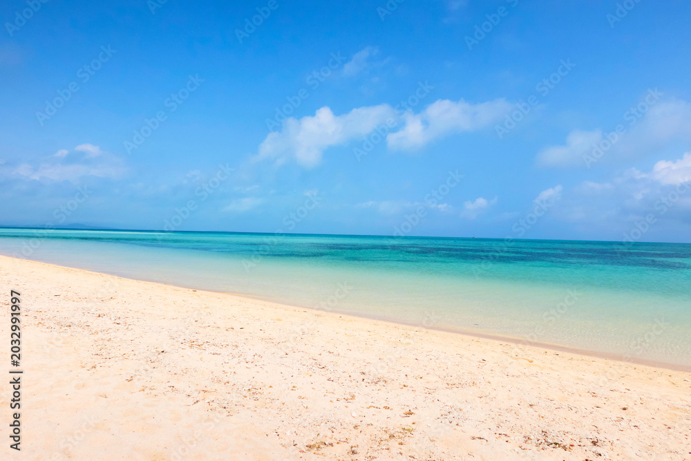 Obraz premium 沖縄県竹富島の美しい白い砂浜と透き通るエメラルドグリーンの海 Beautiful white sand beach and crystal clear emerald green ocean in Taketomi Island, Okinawa