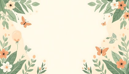 Floral border with orange and cream flowers, green leaves, and butterflies on a light background for spring or nature themed design