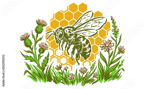 фотографія Honeybee and honeycomb vintage illustration with wildflowers