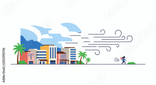 Stylized city with palm trees facing strong winds, a person walks against the gale
