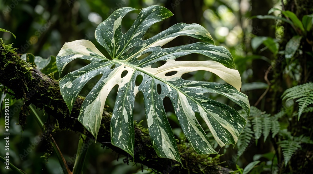 Fototapeta premium Variegated Monstera Deliciosa Leaf in Dense Tropical Rainforest