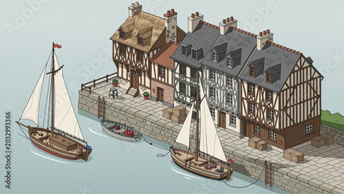 Foto Historical waterfront scene with timbered buildings boats and river in soft past