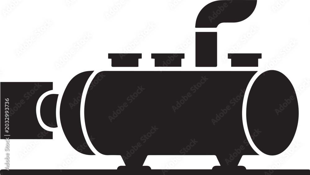 Obraz premium Silhouette style industrial steam engine with smokestack on white background for design elements