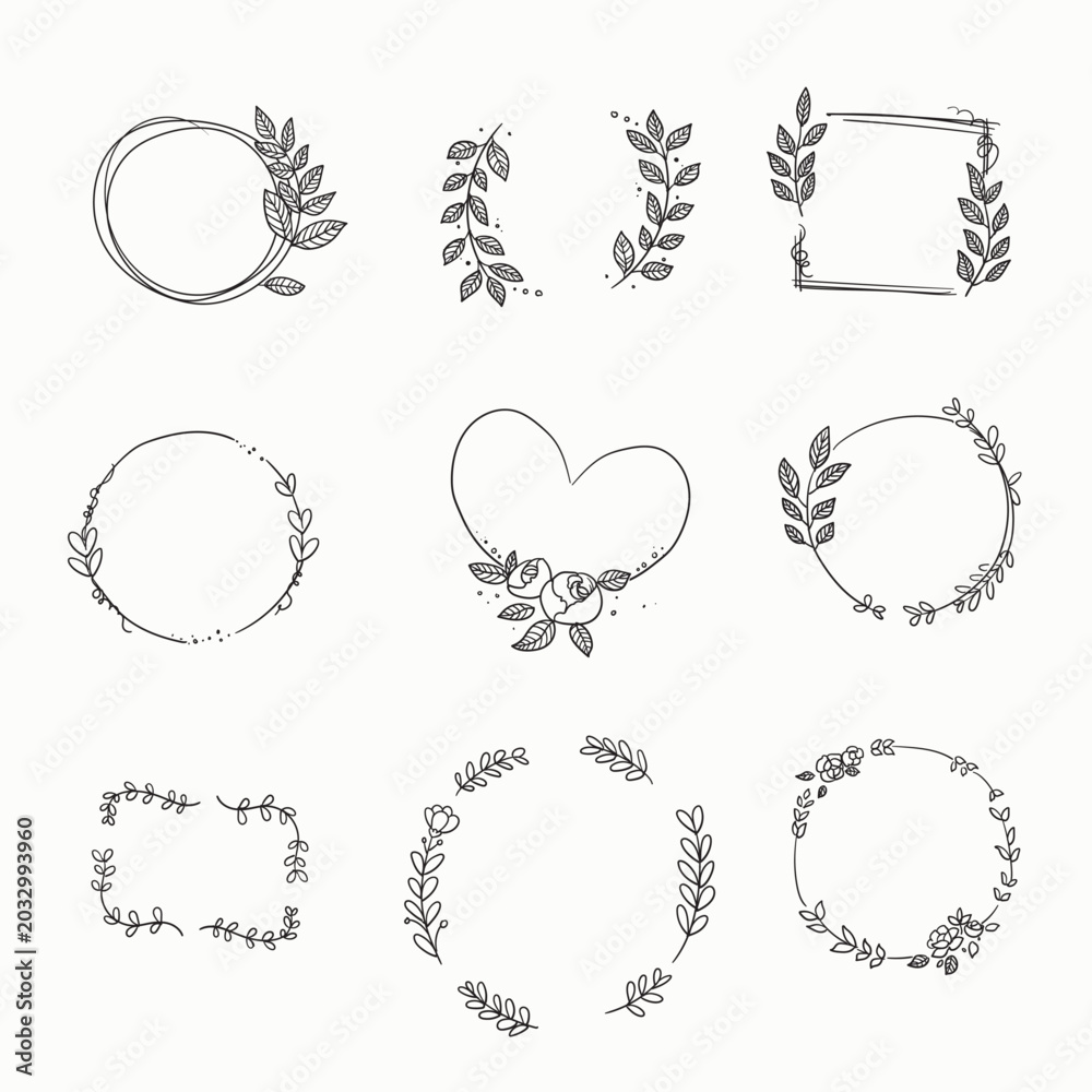 Fototapeta premium Hand Drawn Floral Wreath Elements Collection 
