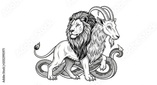 Photos Mythical creature lion goat serpent hybrid zodiac symbol.