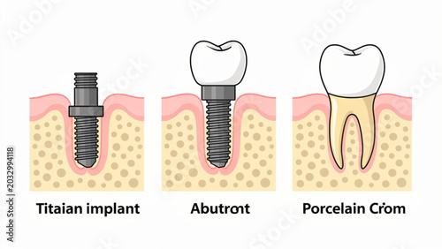 Tableau sur toile Dental Implant Comparison Illustration with Abutment and Porcelain Crown in Dent
