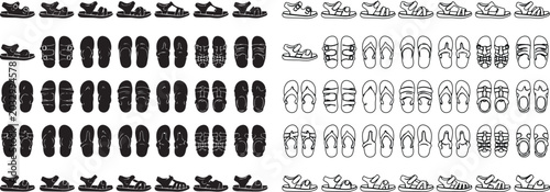 Schilderij op canvas Minimalist sandal icon set, black silhouette and line art footwear collection, s
