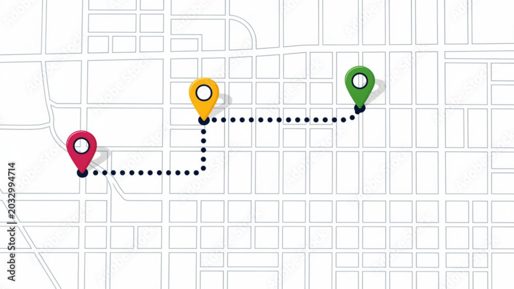 Fototapeta premium Minimalist map illustration showing colorful route markers and path on white grid background