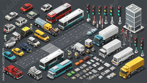 Tableau sur toile Detailed isometric view of diverse urban transportation vehicles including buses
