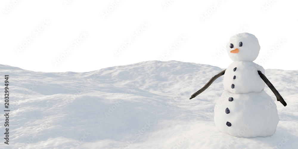 Obraz premium Snowman on snowy terrain isolated on transparent background for winter environment design asset. 3D rendering.