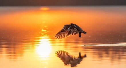 Majestic Owl Takes Flight Over Serene Water at Golden Hour.