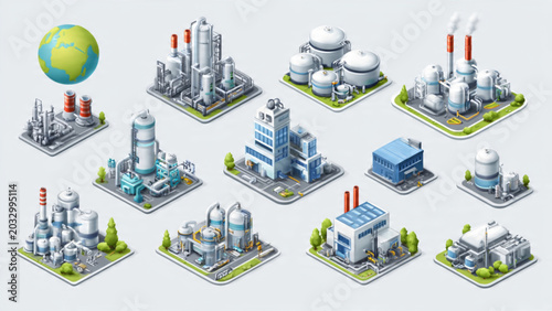 Fotografía Isometric industrial complex with factories and power plants in modern cityscape
