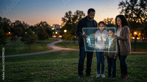 Diverse Family Standing In Park At Dusk Looking At Digital Family Tree On Futuristic Transparent Tablet