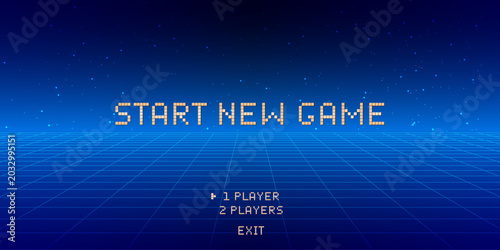 Start new game, Glowing blue neon wireframe background, 3D perspective, Retro futuristic skyline wallpaper, Sci-fi arcade game matrix landscape texture.