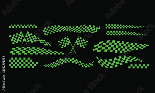 Neon green racing checkered flags and sport wavy banners with black bakground, Graphic silhouettes and bold black checkered pattern illustration, Set of vector web icon designs for motorsport 