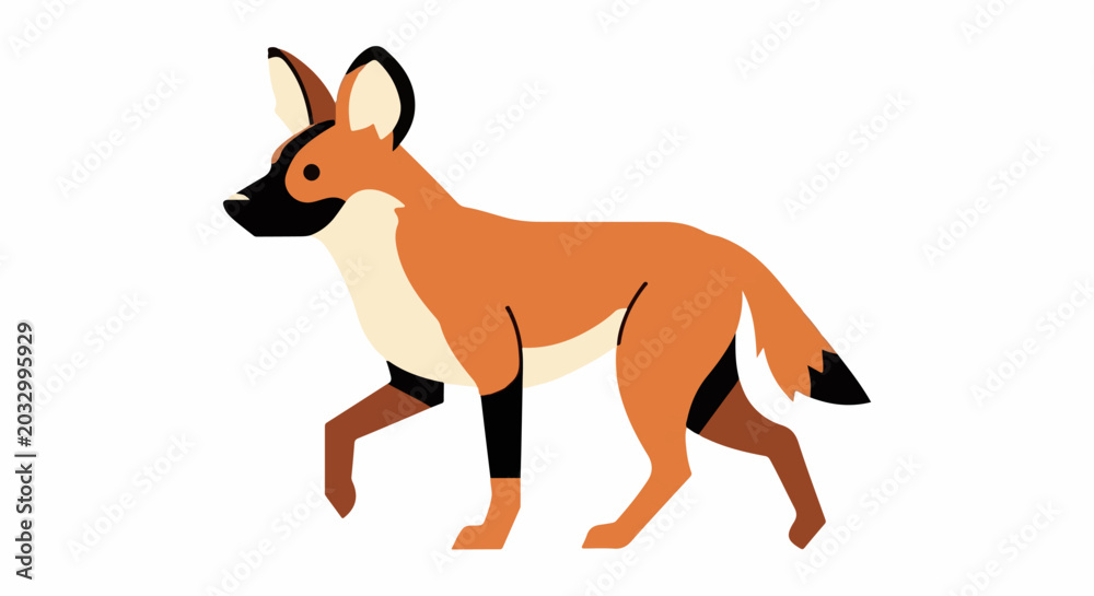 Fototapeta premium Flat illustration of a walking canid with orange, cream, and black markings