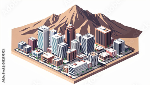 Fotografie Modern cityscape with skyscrapers and mountains in background during daytime