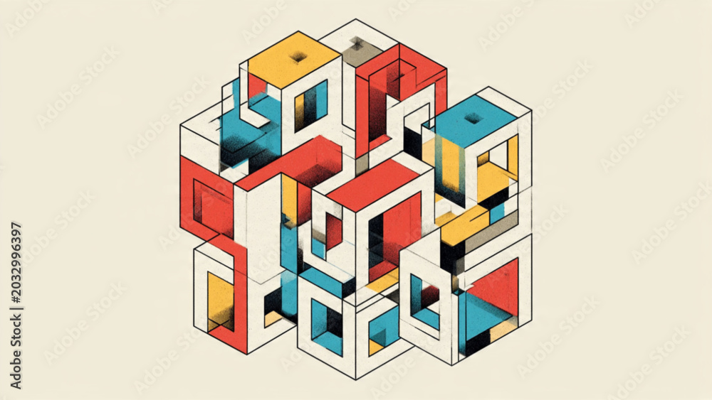 Fototapeta premium Colorful isometric geometric maze with interconnected cubes in vibrant shades for visual design
