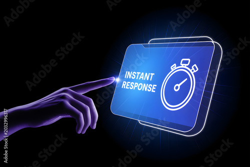 Digital illustration of purple hand touching glowing blue interface with stopwatch icon and text INSTANT RESPONSE, symbolizing speed, efficiency, and real-time communication technology