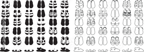 Photos Minimalist sandal icons set, black and white summer footwear vector collection,