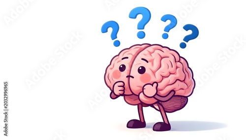 Cartoon brain character looking confused with question marks above its head