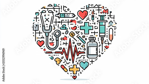 Schilderij op canvas Heart-shaped collage of medical health symbols including stethoscope pills and h