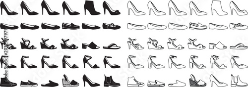 Photos Women shoes icon set, 60 female footwear vector elements in silhouette and line