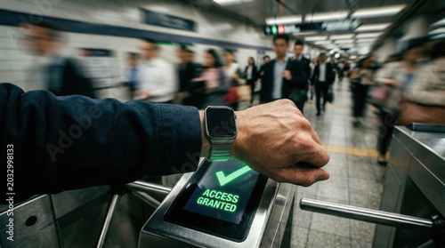 Commuter Using Contactless Smartwatch Payment At Subway Turnstile Reader For Transit Access