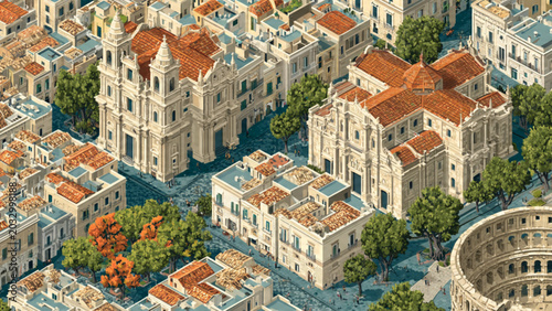 Konstfotografi Aerial view of historic European city with white buildings red roofs lush greene