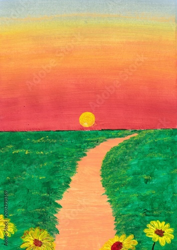 Beautiful Landscape Painting of Sunset Path Through Green Meadow. Dreamy Countryside Sunset Painting