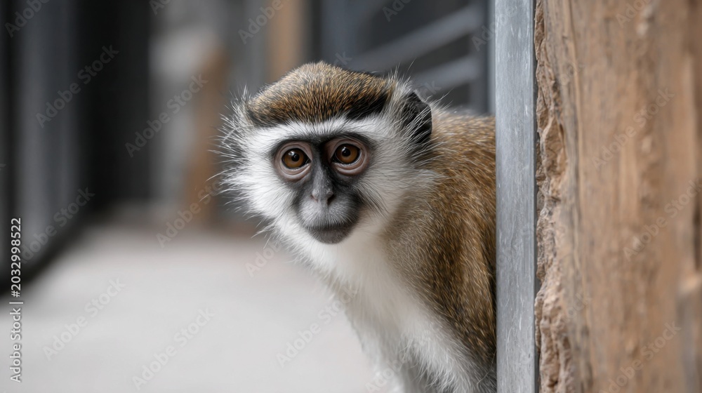 Obraz premium Curious Monkey Peeks Around Corner in Urban Environment