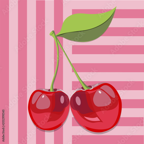 Cute vector illustration of two shiny red cherries with green leaves on a pink striped background. Sweet cartoon fruit design perfect for stickers, packaging, nursery decor, and summer themes.