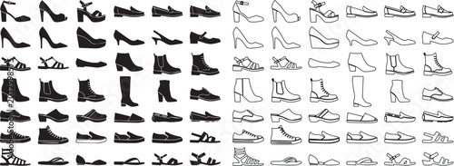 Fotografia Minimalist footwear icon set, 84 women's shoe silhouettes and line art vectors,