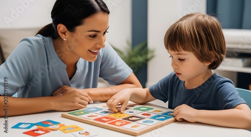 Occupational therapist guiding a child through a puzzle on a developmental day for disability support