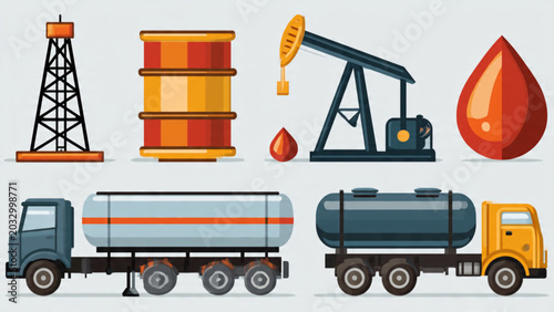 Tableau sur toile Oil Industry Scene with Pumpjack Storage Tank Drilling Rig and Liquid Drop Illus