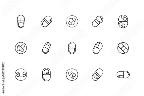 Medicine Capsule Outline Icons, Minimal Drug Symbol Bundle, Healthcare Capsule Illustration Pack, Medical Pill Graphic Collection, Capsule Medicine Vector Icons