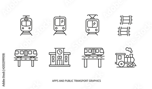 Fotografie Rail Transport Thin Line Icons Vector Illustration Subway Tram and Metro Symbols