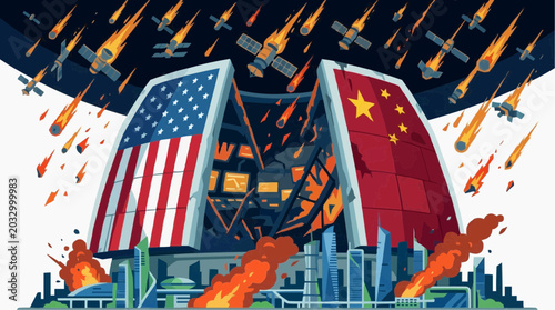 Geopolitical Confrontation: A symbolic depiction of escalating global tensions, with buildings adorned with national flags under heavy bombardment, illustrating a conflictual international landscape.