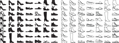 Fotografia Women's shoe icons set, female footwear silhouettes and line art collection, fas