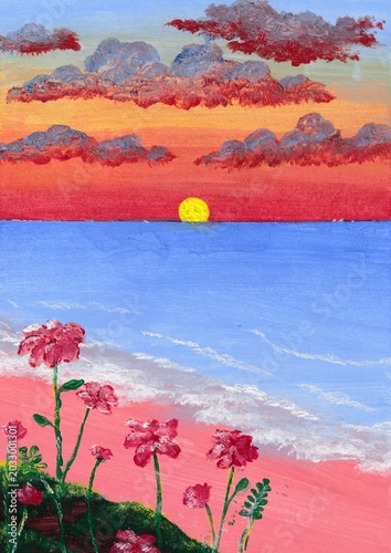 Beautiful Landscape Painting of Pink Floral Sunset Seascape. Romantic Ocean Sunset Painting