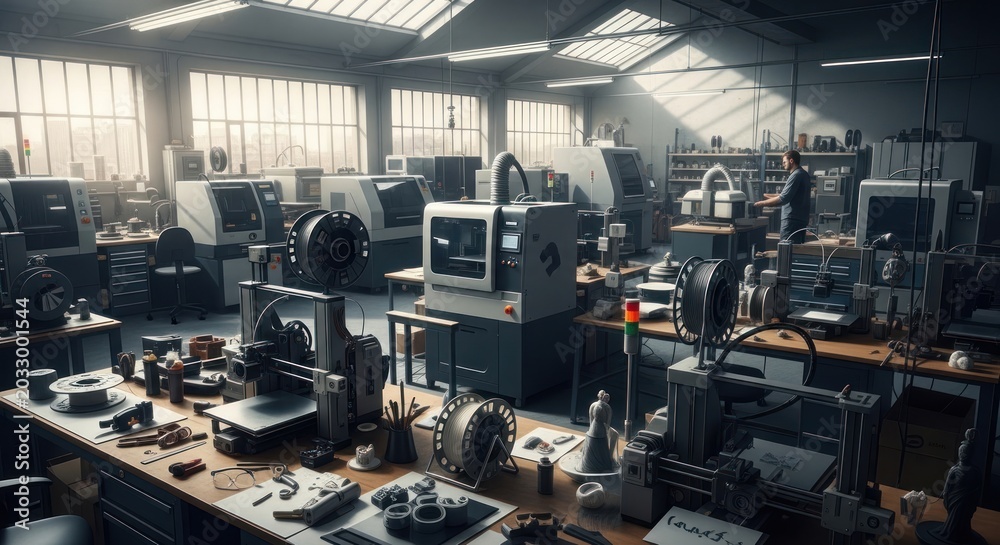 Fototapeta premium Photo-realistic image of a modern manufacturing workshop with multiple 3D printers and engineering equipment.