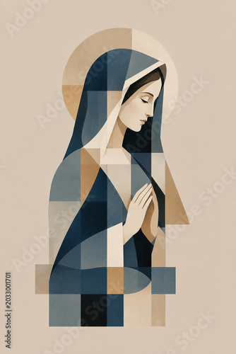 A serene illustration of the Virgin Mary in prayer with her hands clasped together