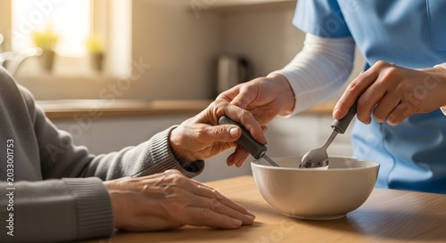 Professionals assist on a day with adaptive utensils for a person with developmental disability.